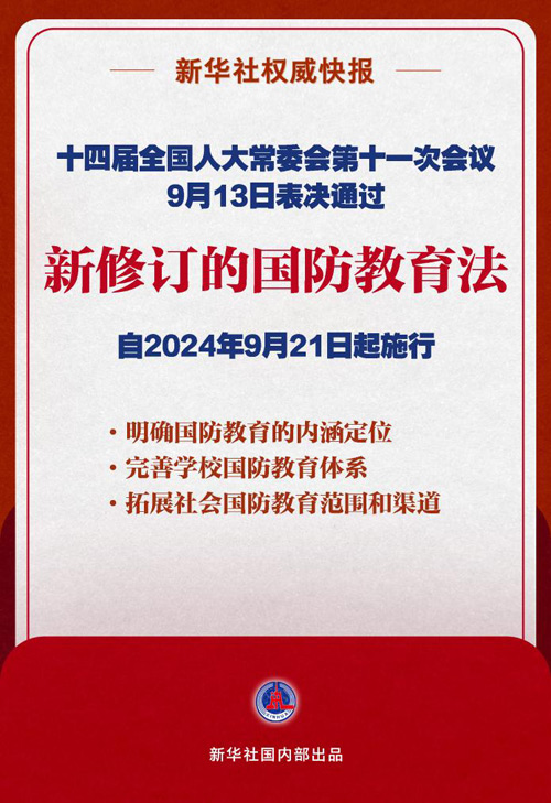 國防教育法完成修訂 將于9月21日起施行
